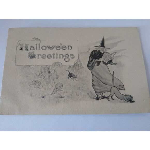 Halloween Postcard Fantasy Running Goblins Witch Black Cat Hay Barton & Spooner - Picture 5 of 5